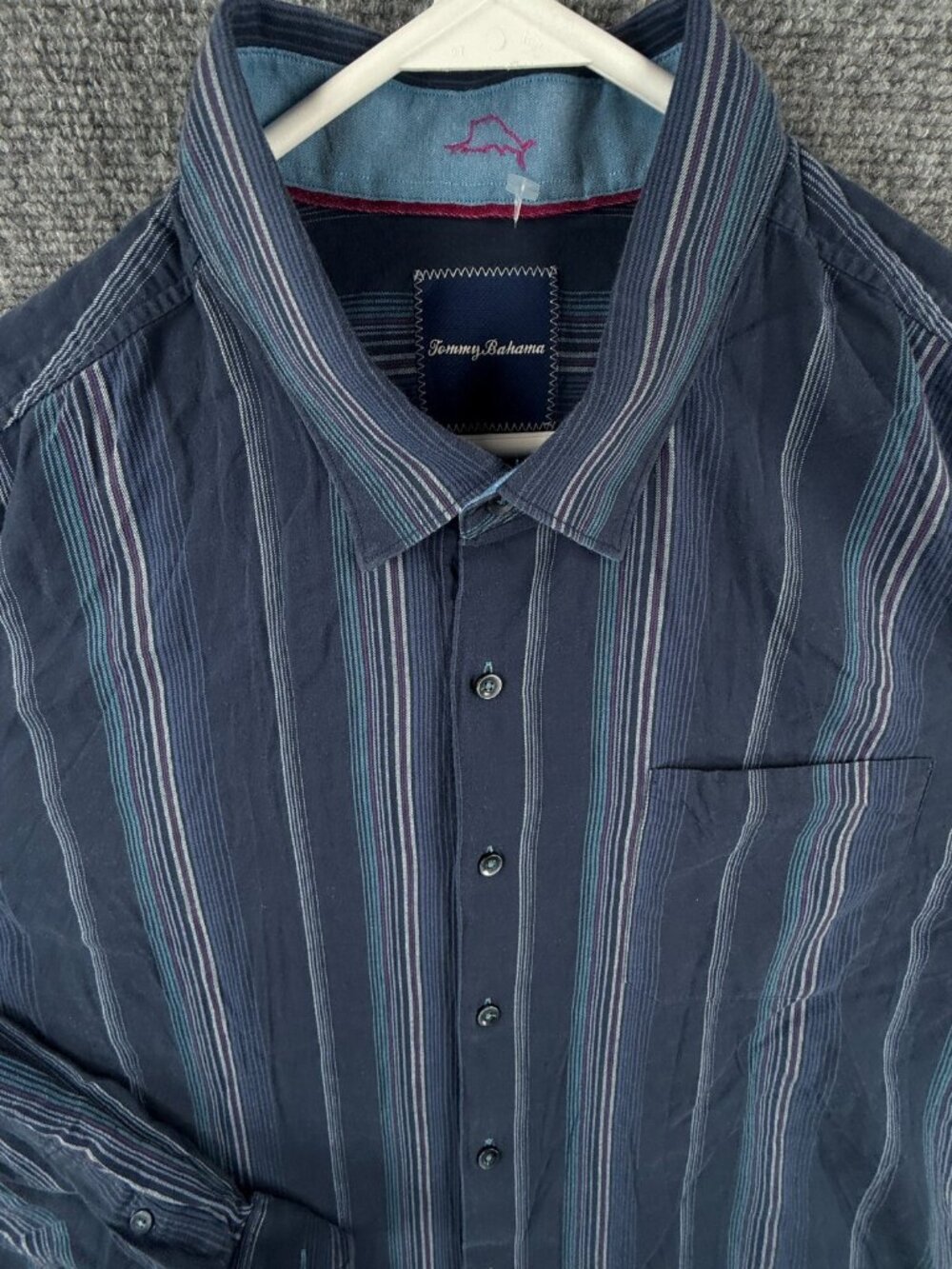 Tommy Bahama Silk Cotton Button Up Shirt Men Long Sleeve Striped Blue XL Adult